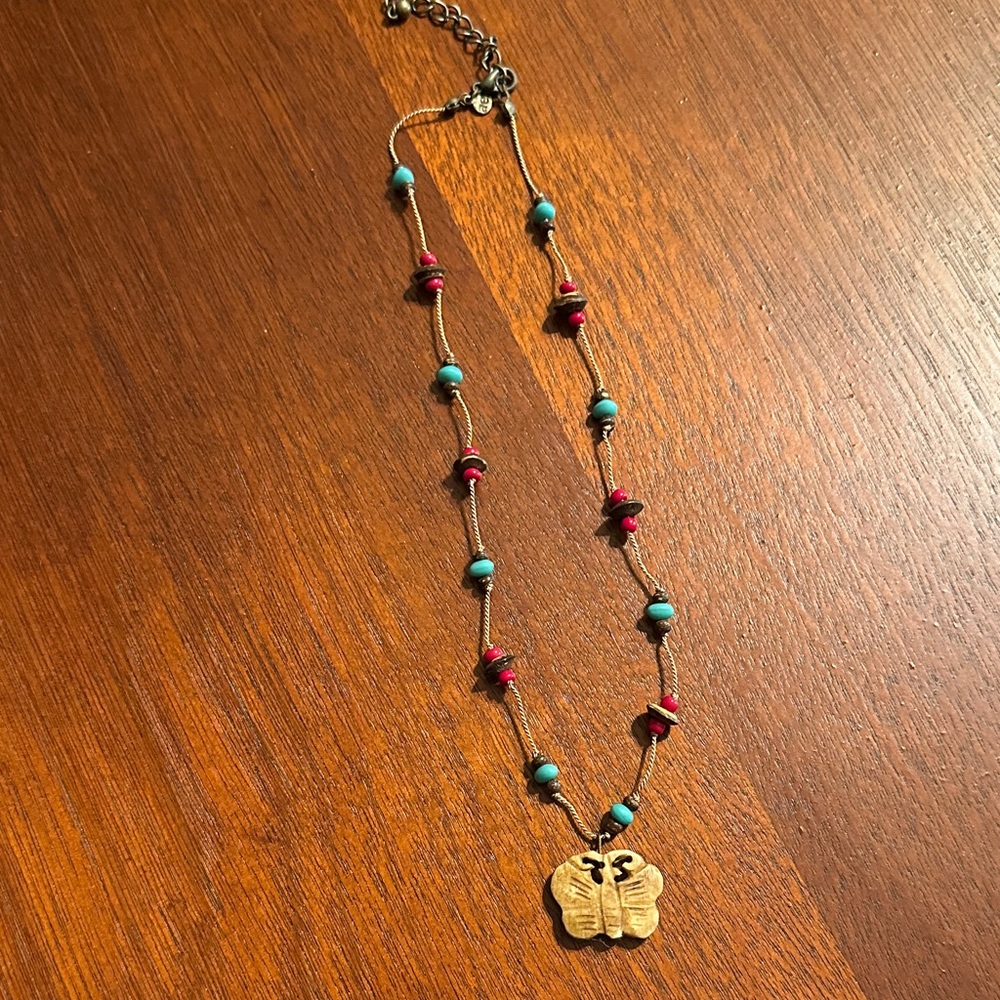 Butterfly Pendant Necklace with Turquoise and Red Accents